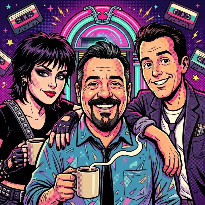 Len and two 80s rocker friends raising a cup of coffee in front of a neon jukebox