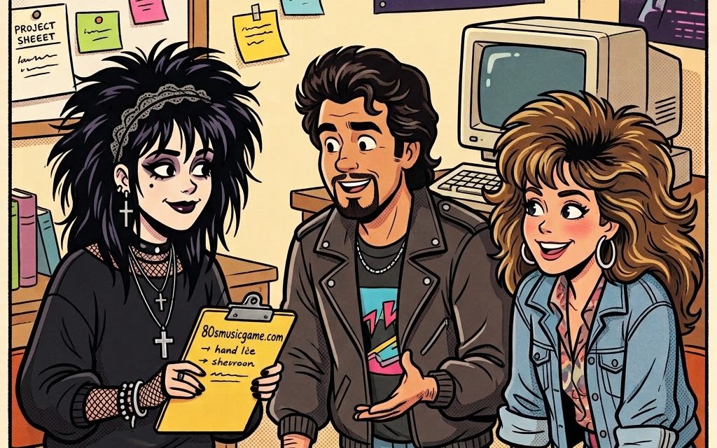 Three friends planning 80s music quizzes together around a table